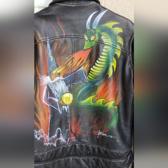 Vintage Leather Jacket Wizard vs Dragon Hand Painted Thurlow Leatherworld - Picture 2 of 9